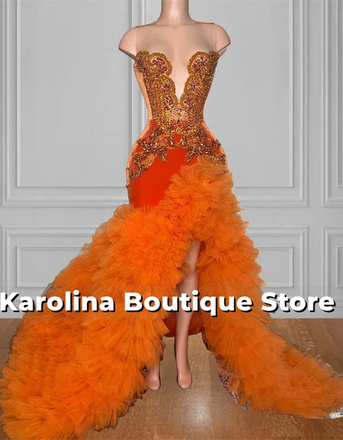 Load image into Gallery viewer, Sunset Glamour – Orange Tulle High Split Beaded Mermaid Dress
