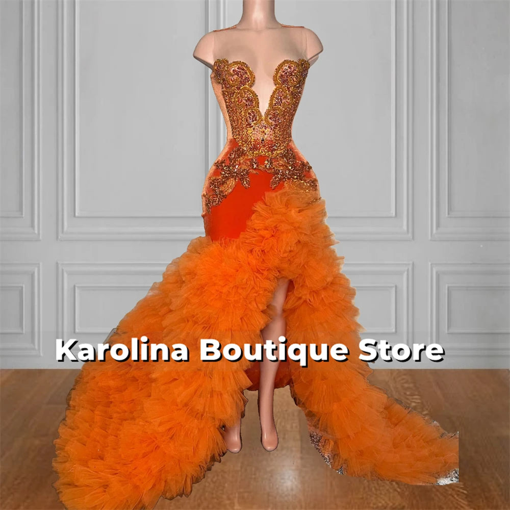 Sunset Glamour – Orange Tulle High Split Beaded Mermaid Dress