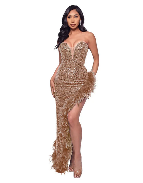 Load image into Gallery viewer, Strapless Sequin Feather Bodycon Dress – Elegant Cocktail &amp; Formal Party Wear for Women
