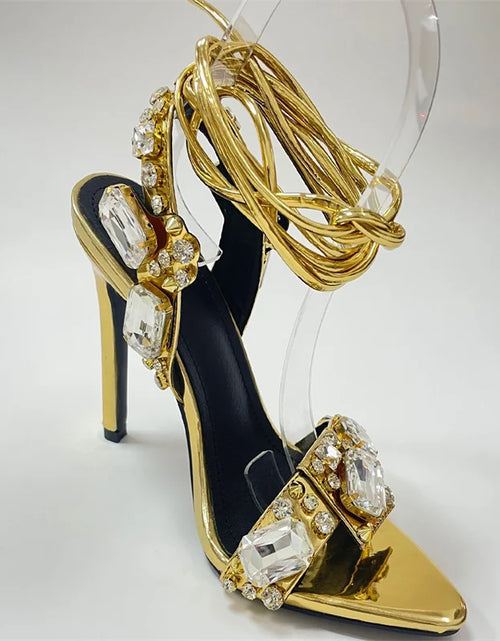 Load image into Gallery viewer, Luxury Gold Ankle Strap Sandals – Crystal Diamond Stripper Heels for Weddings &amp; Nightclubs
