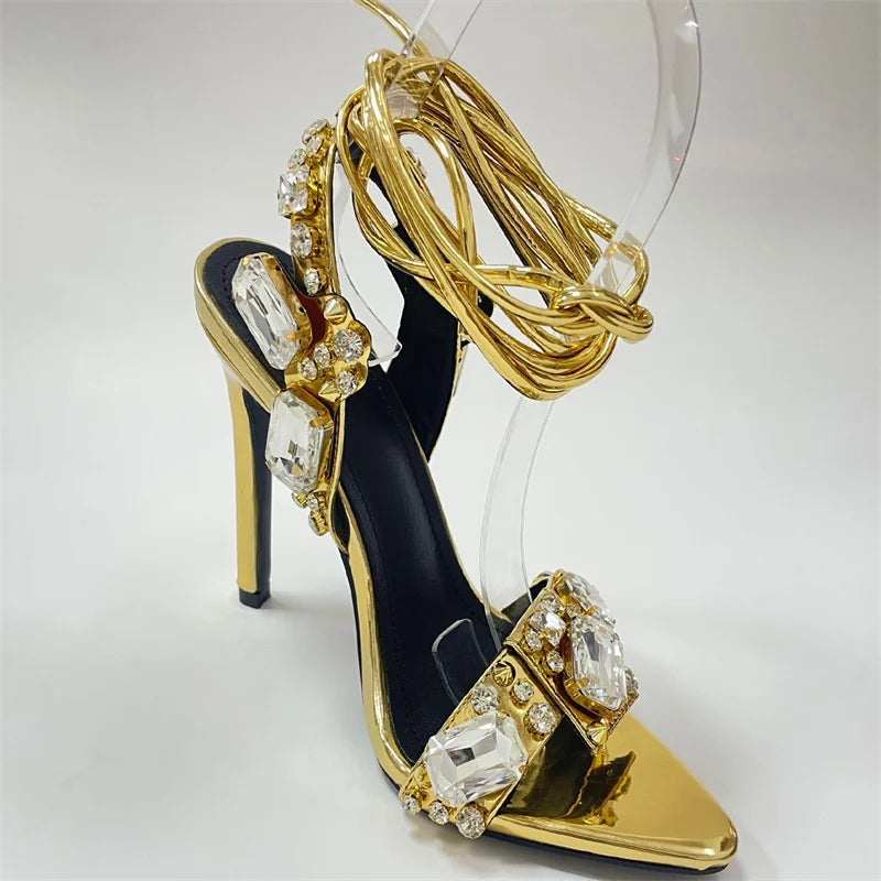 Luxury Gold Ankle Strap Sandals – Crystal Diamond Stripper Heels for Weddings & Nightclubs