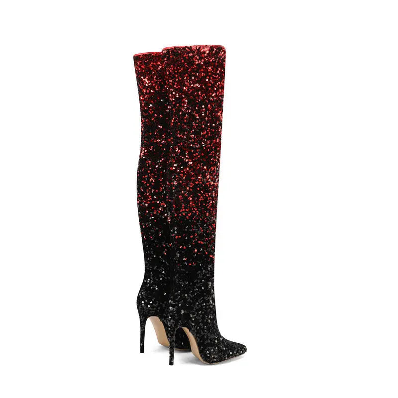 Shimmer & Stride: Gradient Sequin Over-the-Knee Boots with 11CM Heels