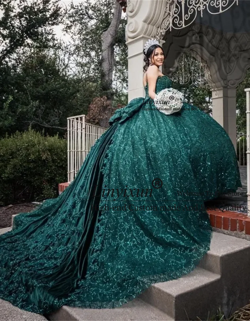 Load image into Gallery viewer, Emerald Enchantment: Luxury Green Lace Ball Gown with Bow and Beaded Appliques
