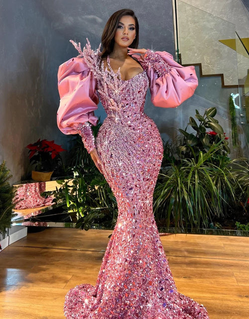 Load image into Gallery viewer, Sparkling Pink Mermaid Evening Gown with Puff Sleeves – Custom Crystal Sequin Prom Dress
