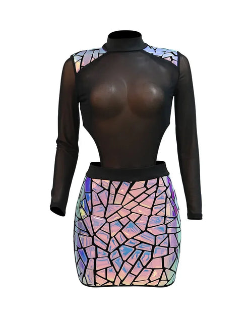 Load image into Gallery viewer, Sexy Sequined Tassel Mini Dress – Mesh See-Through Long Sleeve Party Dress
