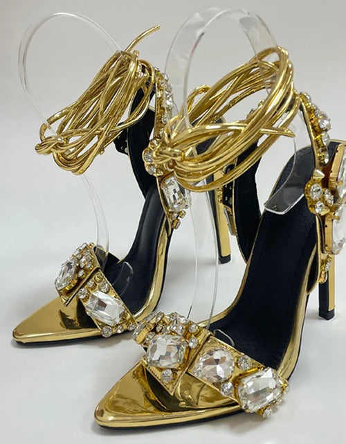 Load image into Gallery viewer, Luxury Gold Ankle Strap Sandals – Crystal Diamond Stripper Heels for Weddings &amp; Nightclubs
