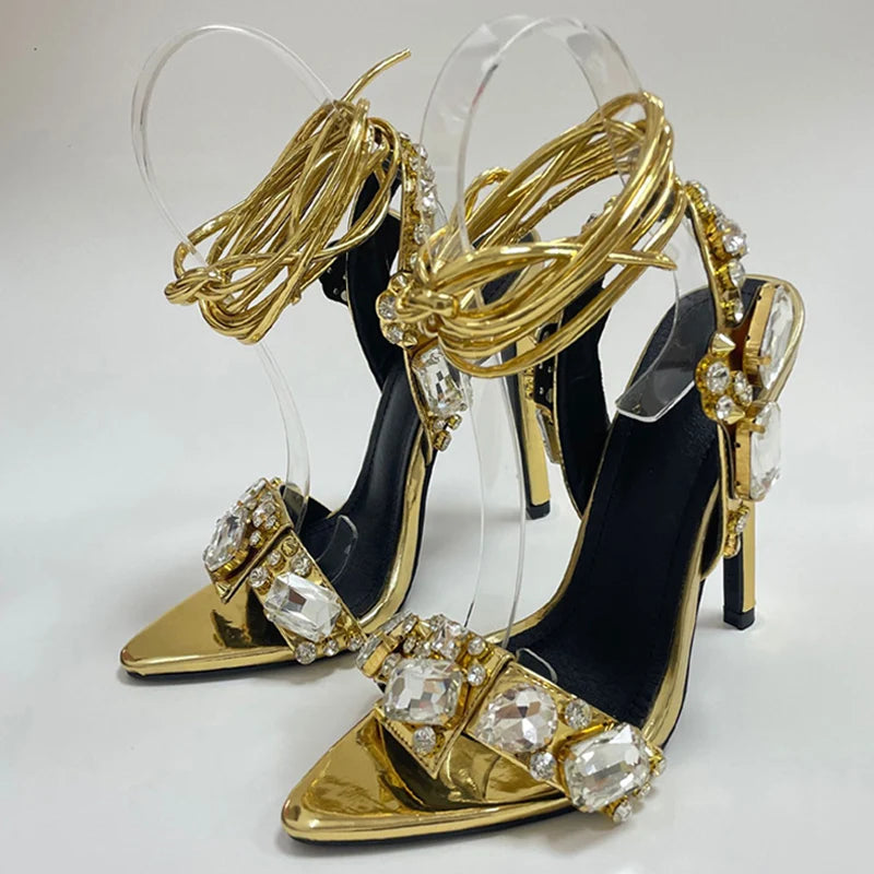 Luxury Gold Ankle Strap Sandals – Crystal Diamond Stripper Heels for Weddings & Nightclubs