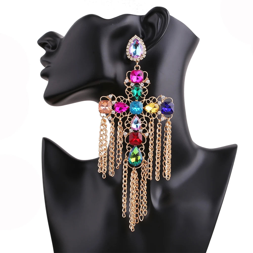 Statement Rhinestone Tassel Drop Earrings – Crystal Dangle Jewelry for Women