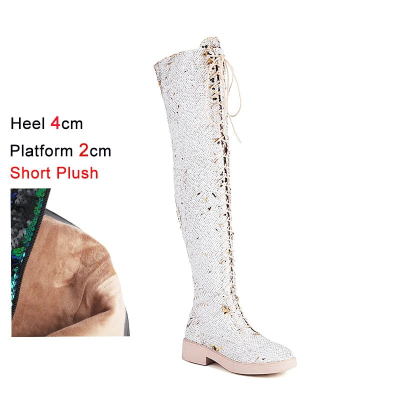 Dazzling Heights: Shiny Sequined Over-the-Knee Boots with Thick Heels