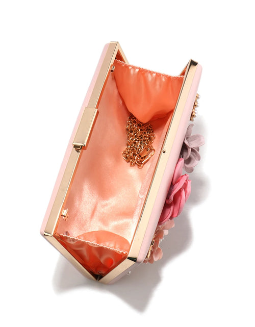 Load image into Gallery viewer, Elegant Pink Floral Evening Bag – Pearl &amp; Diamond Clutch with Glitter Shoulder Chain
