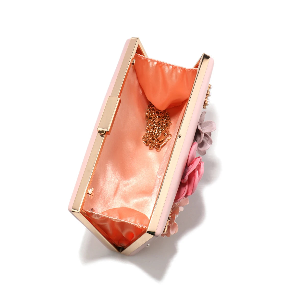 Elegant Pink Floral Evening Bag – Pearl & Diamond Clutch with Glitter Shoulder Chain