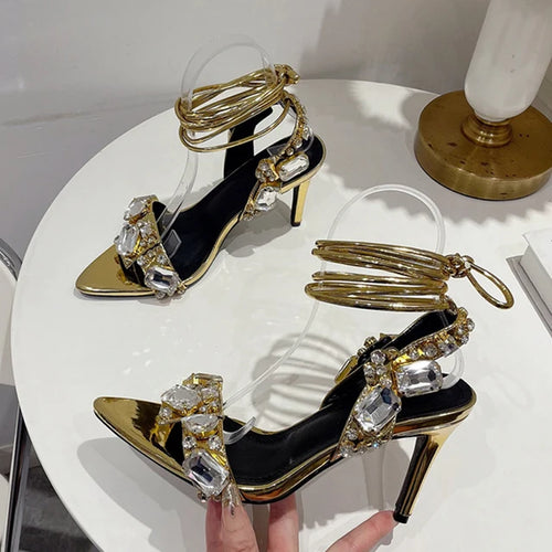 Load image into Gallery viewer, Luxury Gold Ankle Strap Sandals – Crystal Diamond Stripper Heels for Weddings &amp; Nightclubs
