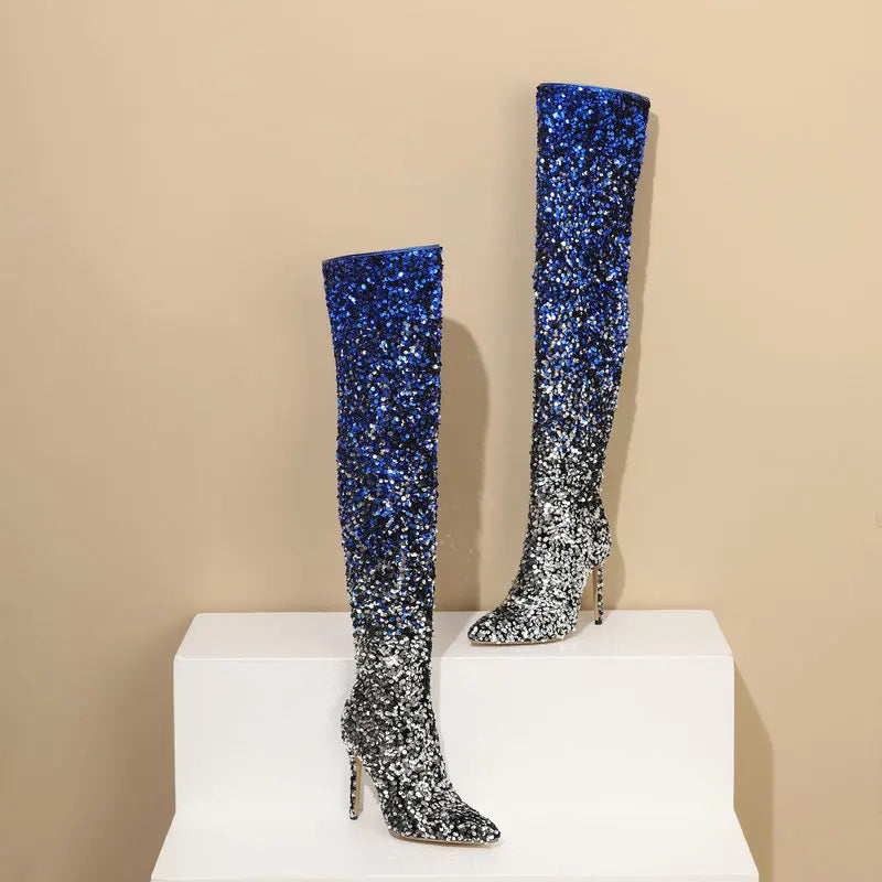 Shimmer & Stride: Gradient Sequin Over-the-Knee Boots with 11CM Heels