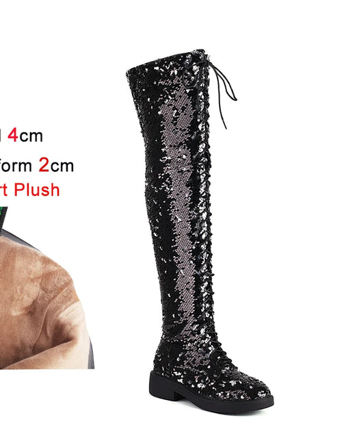 Load image into Gallery viewer, Dazzling Heights: Shiny Sequined Over-the-Knee Boots with Thick Heels
