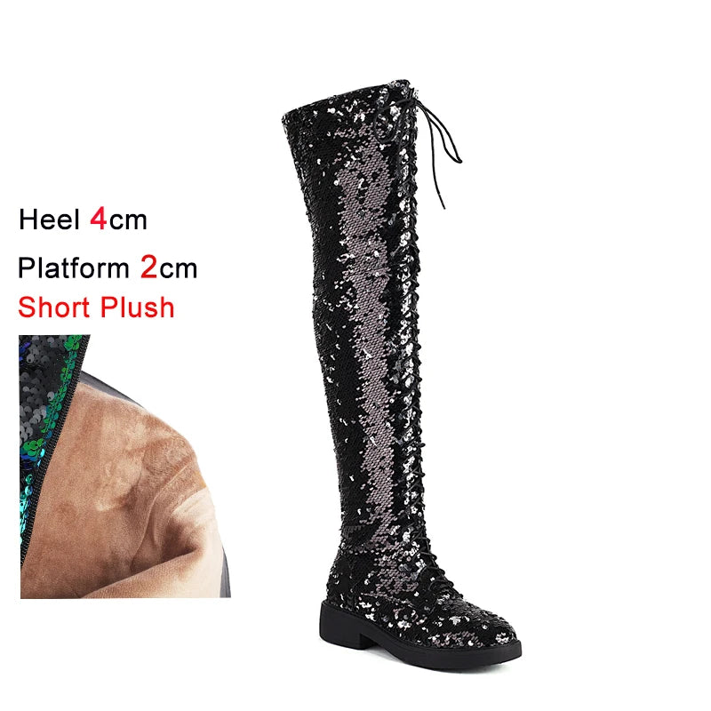 Dazzling Heights: Shiny Sequined Over-the-Knee Boots with Thick Heels