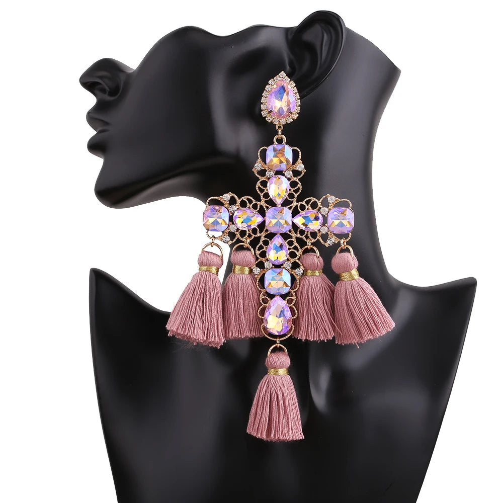 Statement Rhinestone Tassel Drop Earrings – Crystal Dangle Jewelry for Women