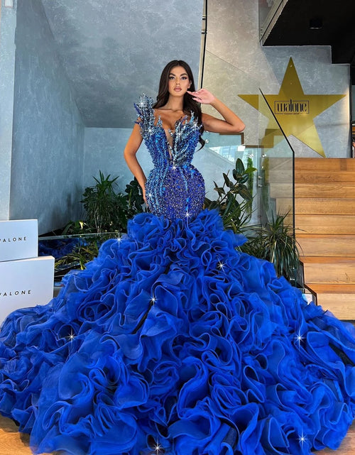 Load image into Gallery viewer, Luxurious Blue Strapless Prom Dress with Pearls, Crystal Beading, and Tiered Ruffle Train
