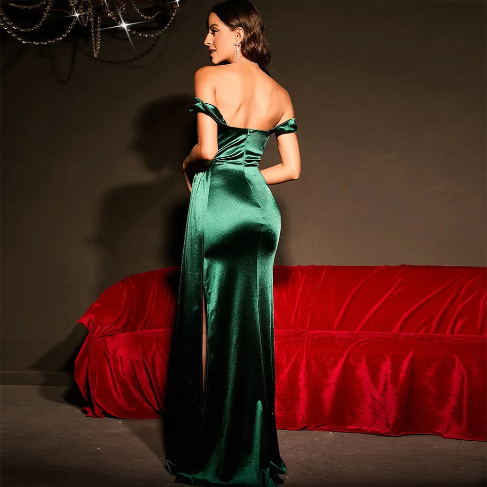 Luxury Off-Shoulder Satin Mermaid Evening Dress with Side Slit & Backless Detail