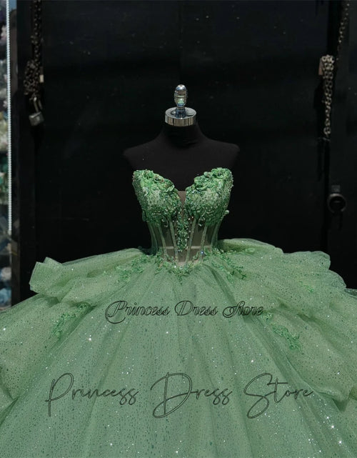 Load image into Gallery viewer, Mint Dream: Elegant Sparkly Quinceañera Ball Gown with 3D Floral Appliques
