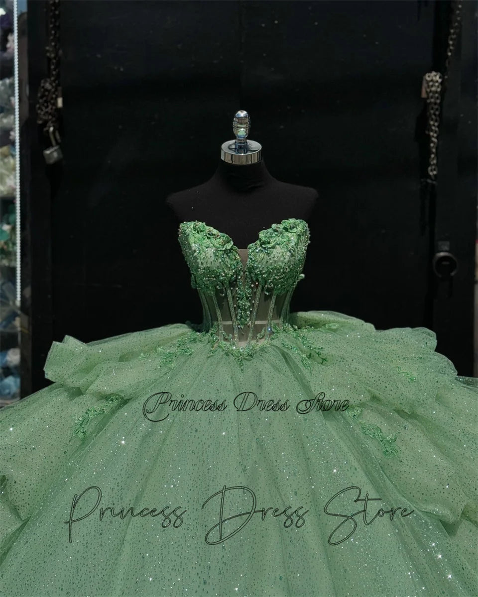 Mint Dream: Elegant Sparkly Quinceañera Ball Gown with 3D Floral Appliques