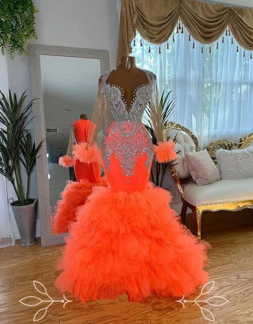 Load image into Gallery viewer, Fiery Elegance: Orange African Mermaid Prom Dress with Sparkling Crystals
