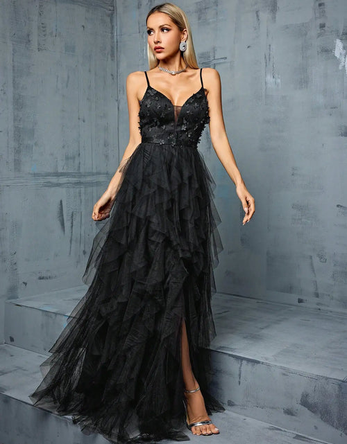 Load image into Gallery viewer, Enchanting V-Neck Embroidered Lotus Mesh Evening Gown with Slit – Perfect for Prom
