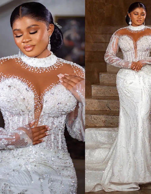 Load image into Gallery viewer, Arabic Mermaid Wedding Dress – Beaded Crystal Lace Gown
