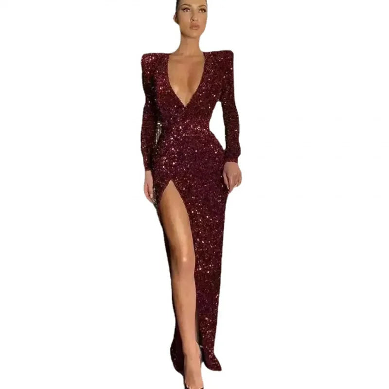 European & American Deep V Slim-Fit Sequined Split Dress – Long Sleeve Glamour for Women"