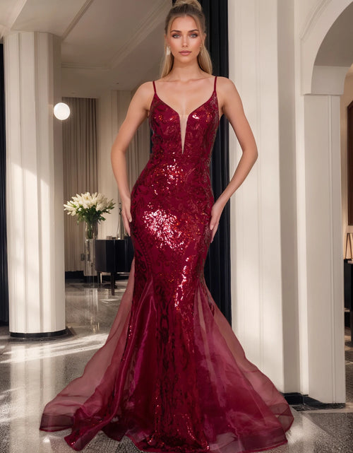 Load image into Gallery viewer, Glamorous &amp; Bold: Deep V-Neck Sequin Spaghetti Strap Evening Gown for Unforgettable Nights
