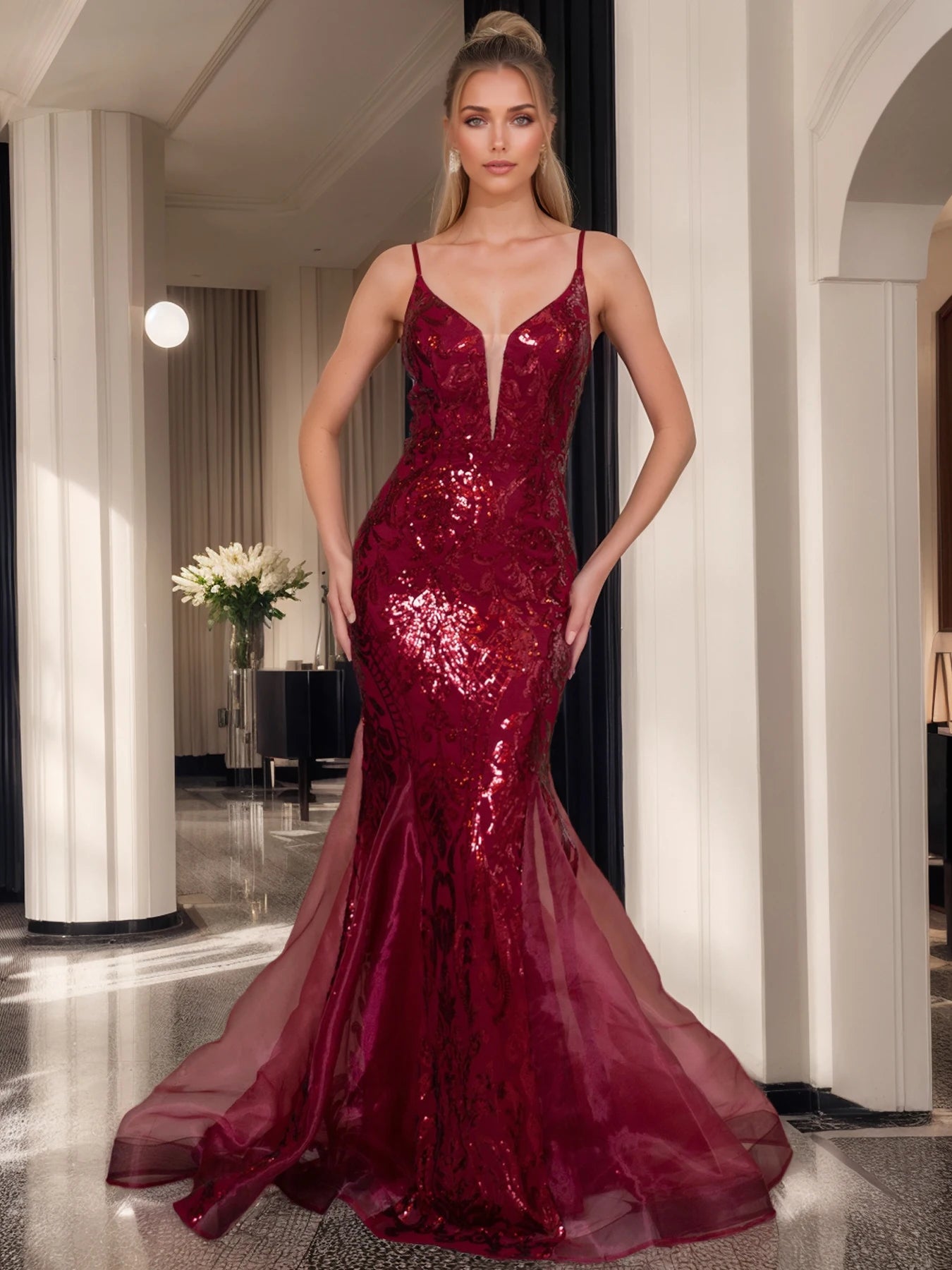 Glamorous & Bold: Deep V-Neck Sequin Spaghetti Strap Evening Gown for Unforgettable Nights