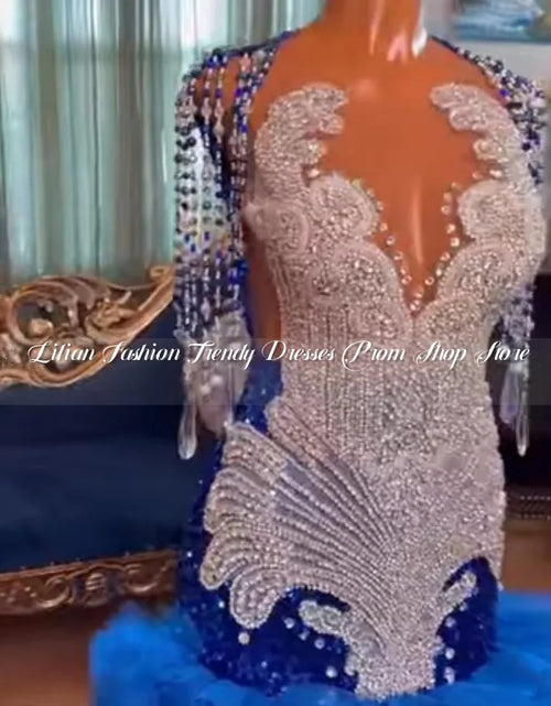 Load image into Gallery viewer, Luxury Blue Sparkly Mermaid Evening Gown with Diamond Crystal Ruffles
