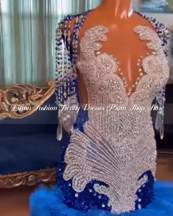 Luxury Blue Sparkly Mermaid Evening Gown with Diamond Crystal Ruffles