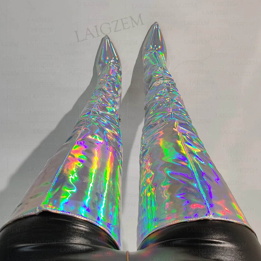 Holographic Glam: LAIGZEM Thigh-High Boots with High Heels