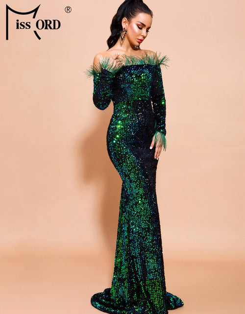 Load image into Gallery viewer, Glamour Redefined: Sequin Off-Shoulder Feather Detail Mermaid Evening Gown
