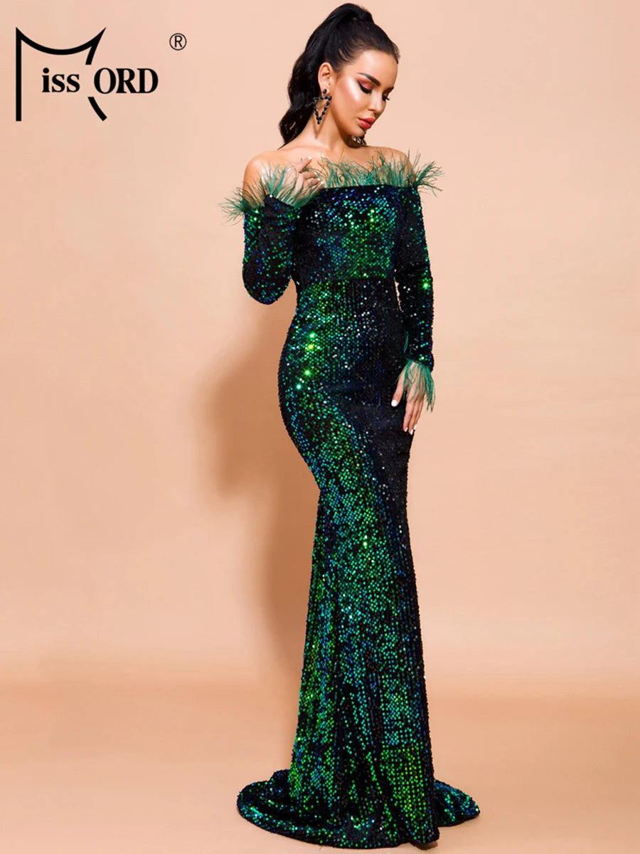 Glamour Redefined: Sequin Off-Shoulder Feather Detail Mermaid Evening Gown