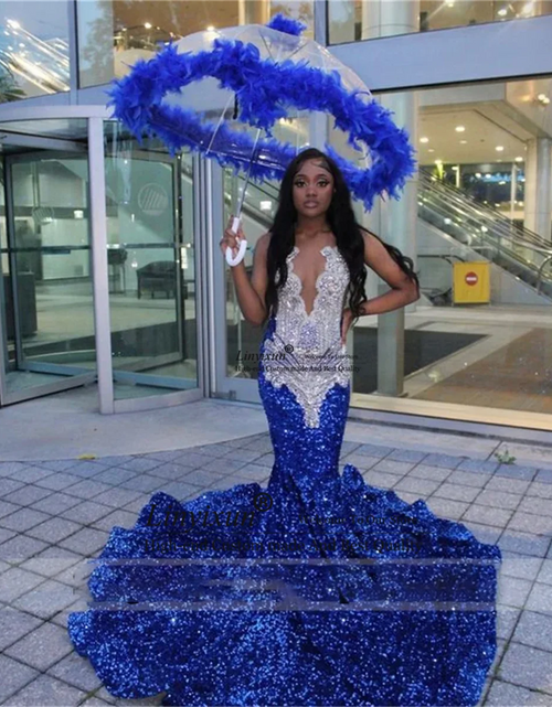 Load image into Gallery viewer, Celestial Glow: Sparkly Beaded Mermaid Prom Dress with Sheer Neck
