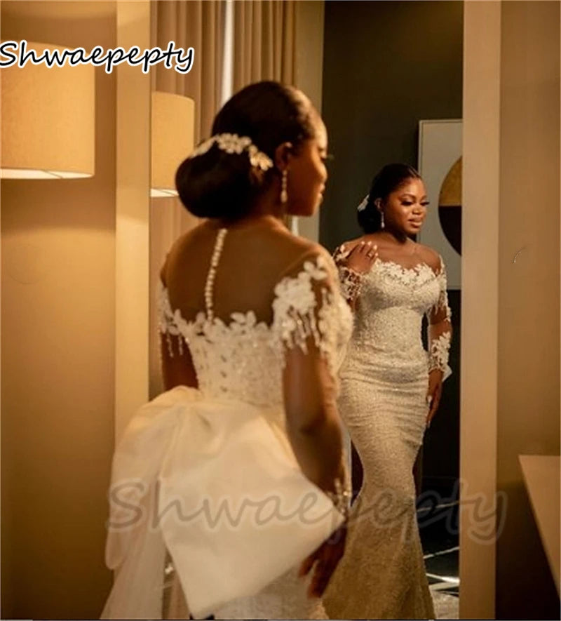 2-in-1 Sequined Mermaid Wedding Dress – Detachable Skirt, Illusion Sleeves & Bow Back African Bridal Gown