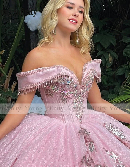 Load image into Gallery viewer, Princess in Bloom: Luxury Pink Off-Shoulder Quinceañera Ball Gown
