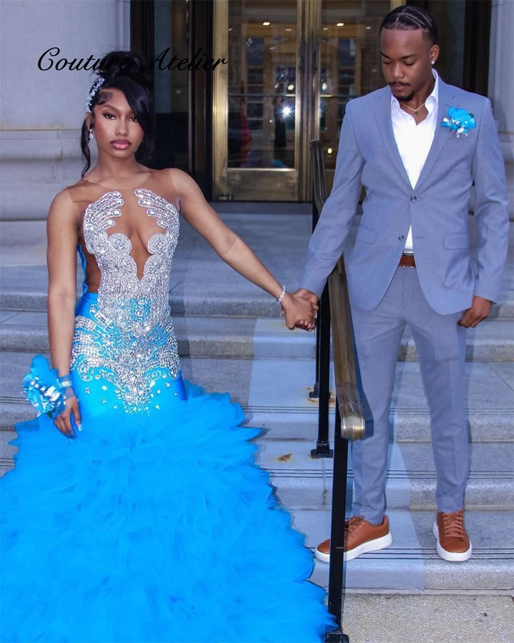 Regal Elegance: Blue Tulle Ruched Prom Dress with Crystal Beaded Train