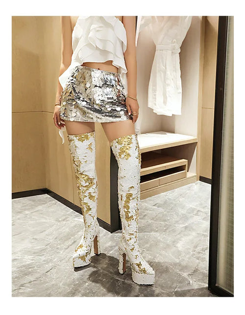 Load image into Gallery viewer, Showstopper: Sequin Over-the-Knee Platform Boots with High Heels
