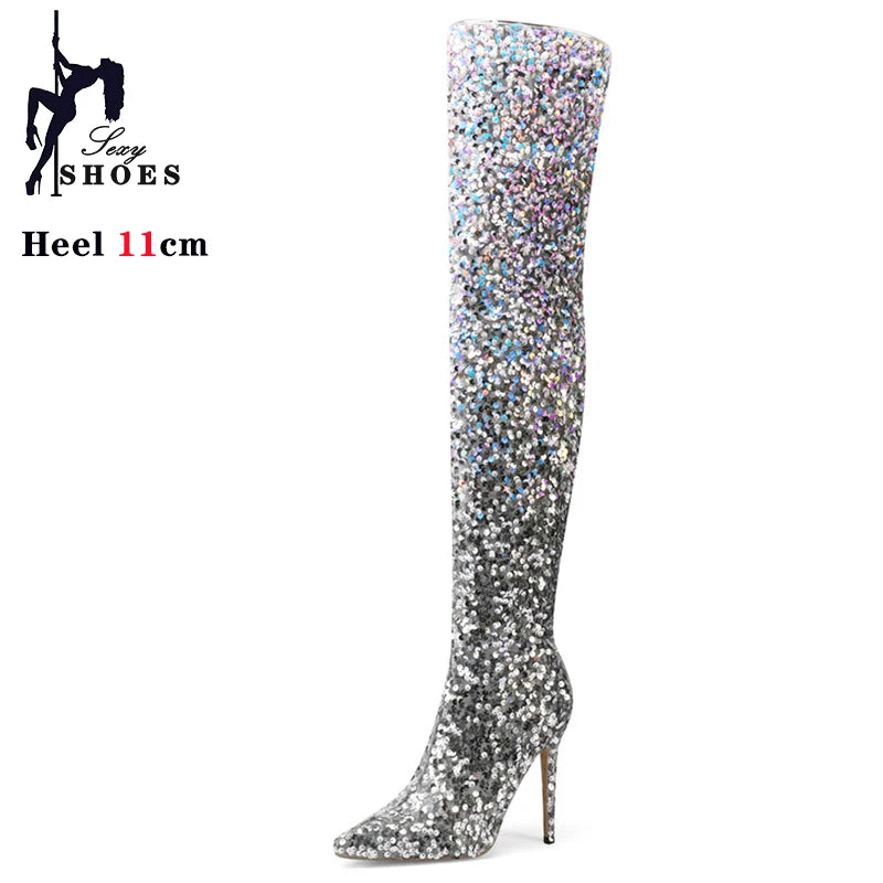 Shimmer & Stride: Gradient Sequin Over-the-Knee Boots with 11CM Heels