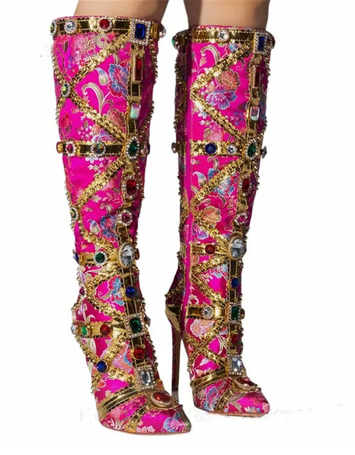 Load image into Gallery viewer, Vibrant Elegance: Colorful Rhinestone Embroidered Mid-Length Ethnic Boots
