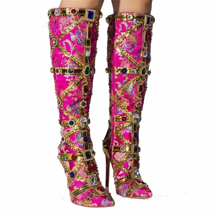 Vibrant Elegance: Colorful Rhinestone Embroidered Mid-Length Ethnic Boots