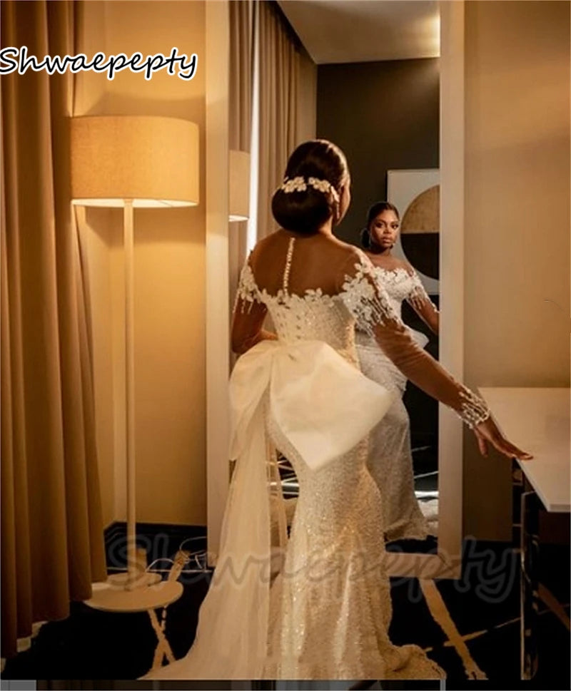 2-in-1 Sequined Mermaid Wedding Dress – Detachable Skirt, Illusion Sleeves & Bow Back African Bridal Gown