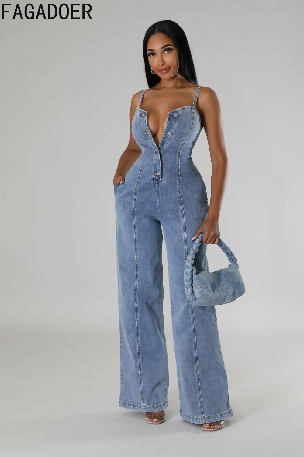 Sexy Denim Spaghetti Strap Jumpsuit – Patchwork Wide-Leg Romper for Women