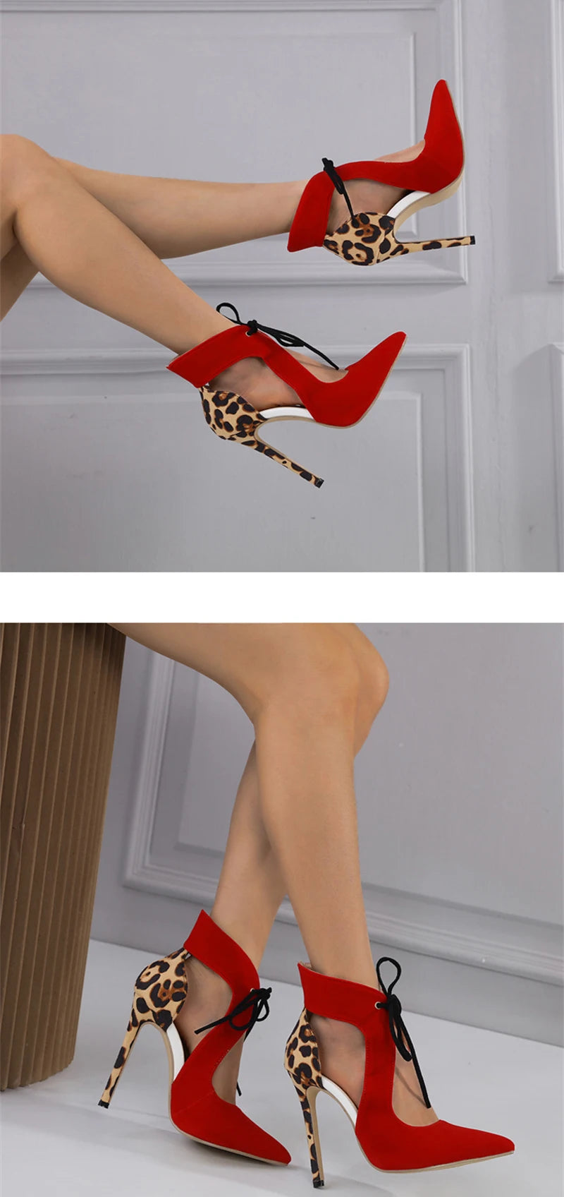 Sexy Red Lace-Up Slingback High Heels – Leopard Print Pumps for Summer Parties & Proms