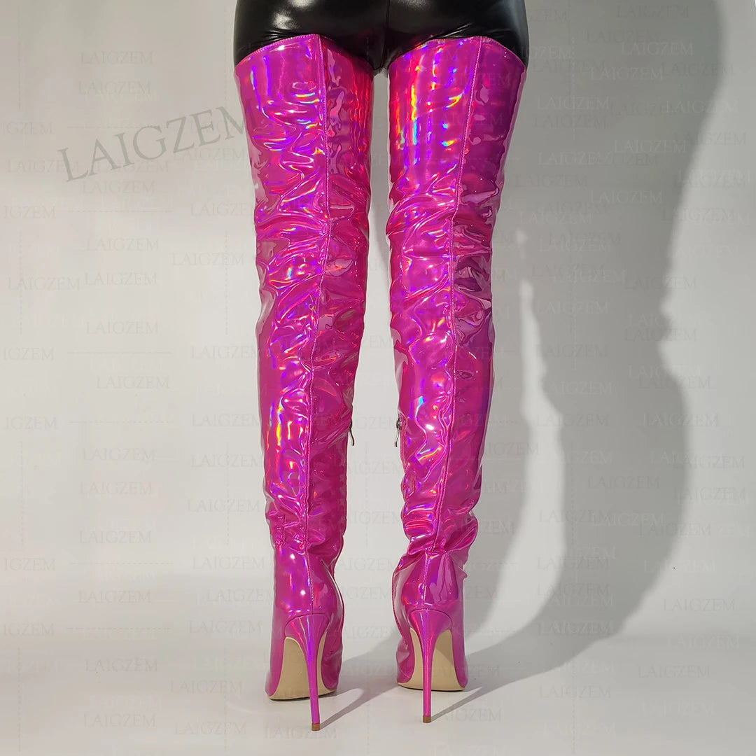 Holographic Glam: LAIGZEM Thigh-High Boots with High Heels