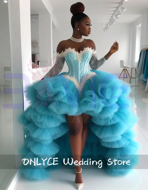 Load image into Gallery viewer, Pink Princess Turquoise Prom Dress with Crystals &amp; Tiered Sleeves
