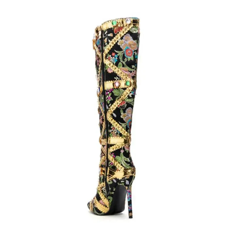 Vibrant Elegance: Colorful Rhinestone Embroidered Mid-Length Ethnic Boots