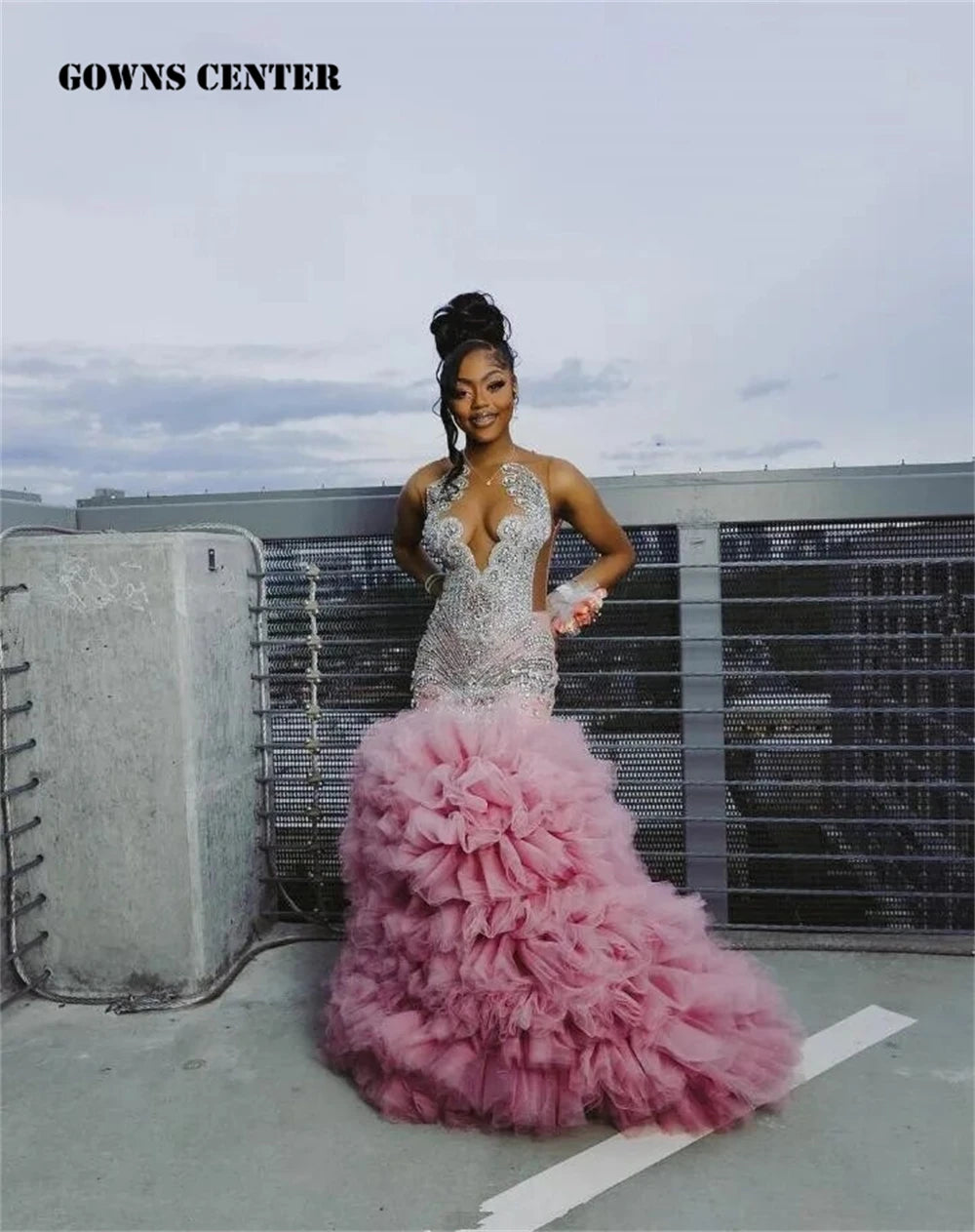 Elegant Pink Ruched Train Prom Dress with Sparkling Crystals